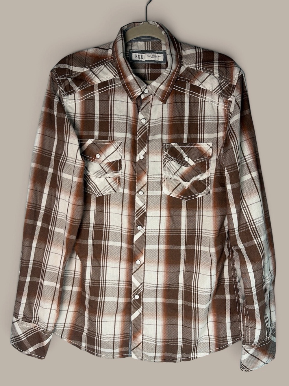 BKE Shirt Mens Large Brown Plaid Tailored Fit Western Pearl Snap Long Sleeve